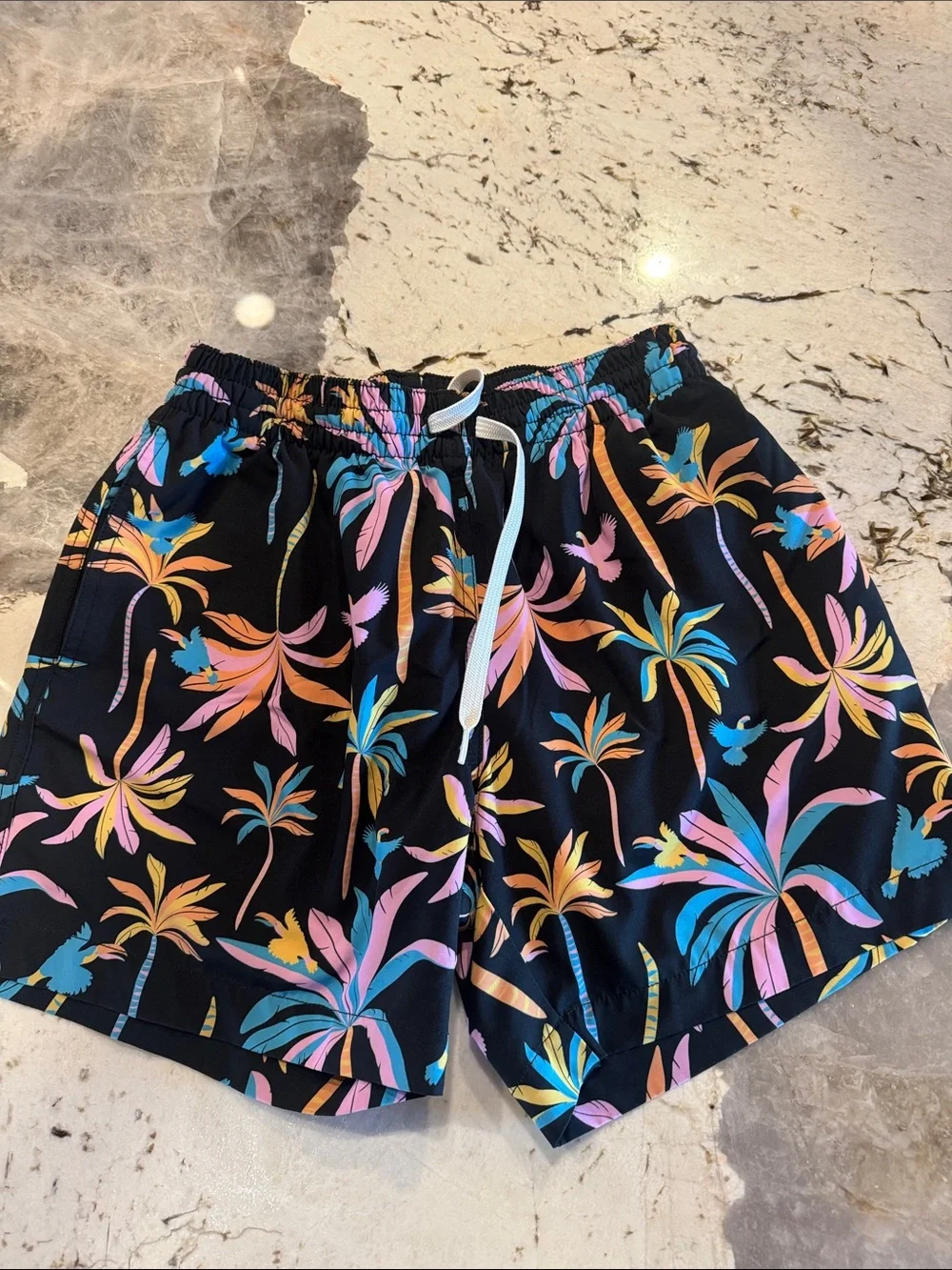 chubbies Black Swim Trunks with Pink, Blue & Yellow Tropical Palms
